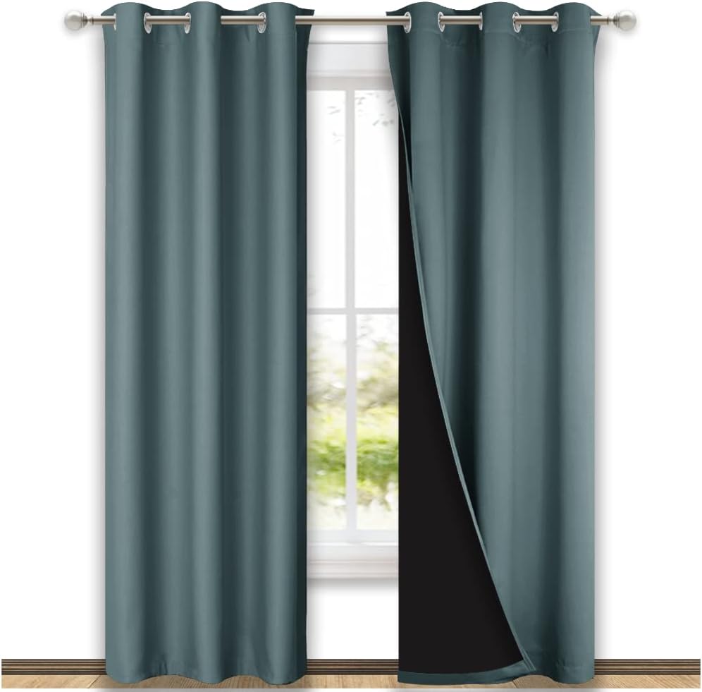 NICETOWN Greyish Blue Blackout Curtains 84 inches Long, Full Light Blocking Drapes with Black Liner for Nursery, Thermal Insulated Draperies for Hall, Villa (2 Pieces, 42" Wide Each Panel)