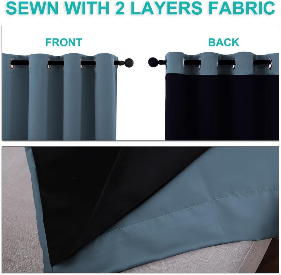 NICETOWN 100% Blackout Lined Curtains, Smoky Blue, 1 Pair, 62" Width x 63" Length Each Panel, 2 Thick Layers Completely Blackout Window Treatment Thermal Insulated Drapes for Kitchen/Bedroom