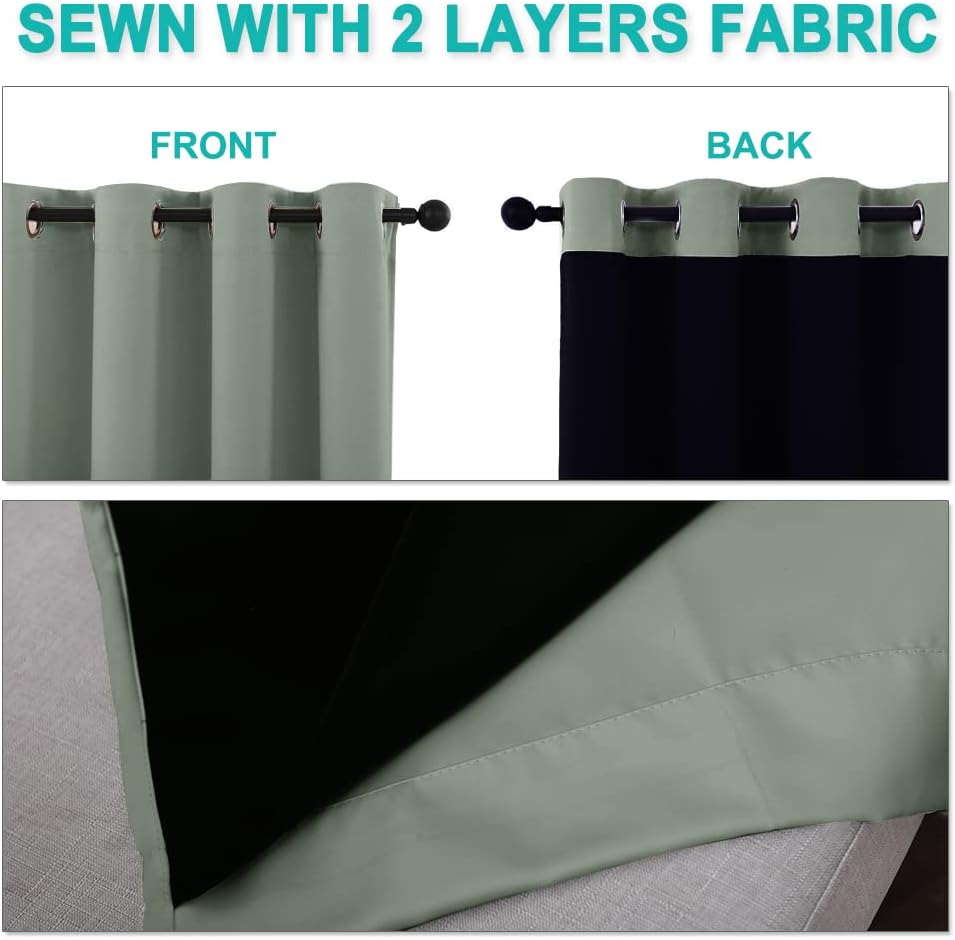 NICETOWN Greyish Green 100% Blackout Lined Curtains, 2 Thick Layers Completely Blackout Window Treatment Panels Thermal Insulated Drapes for Kitchen (1 Pair, 42" Width x 63" Length Each Panel)