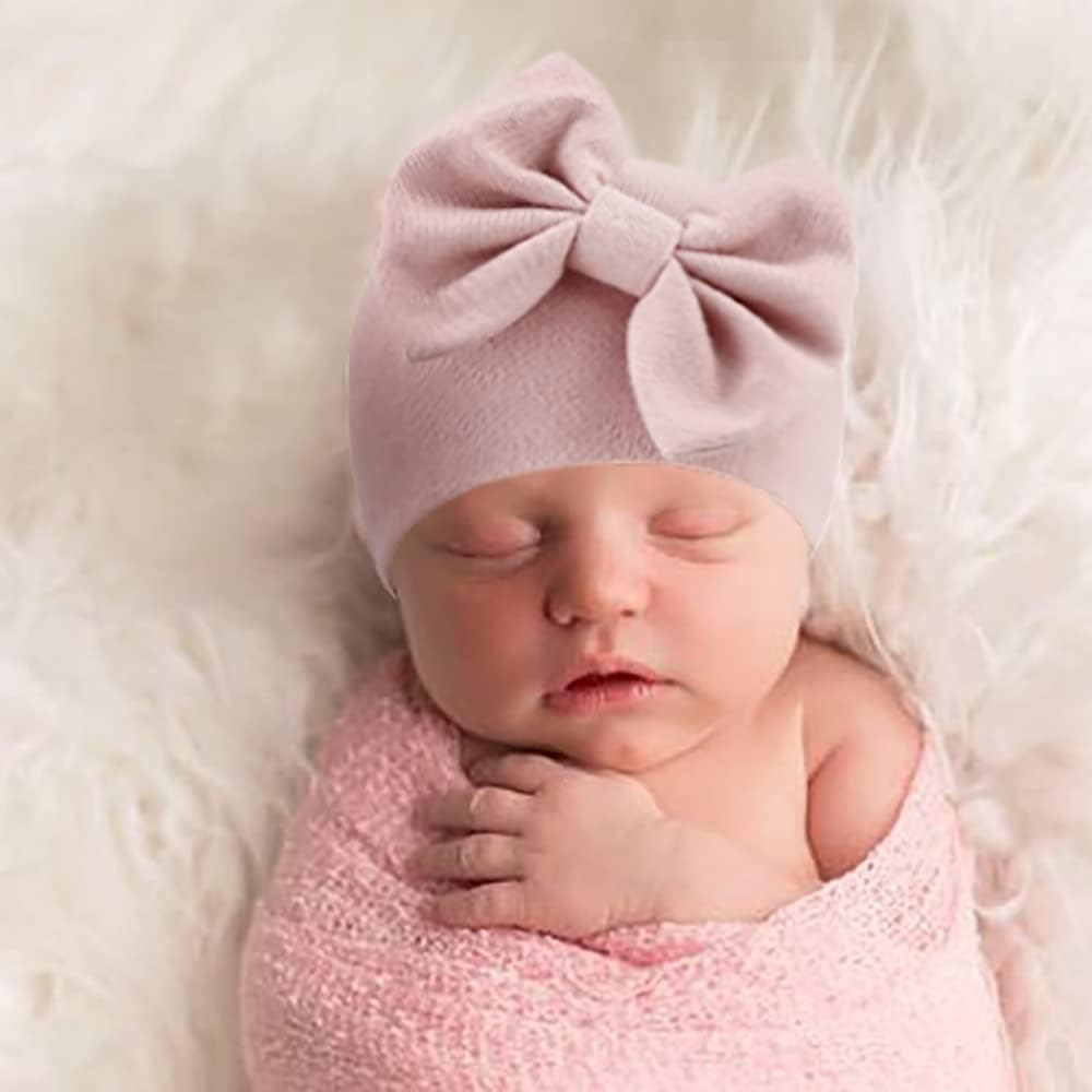 BQUBO Newborn Baby Hats Mittens Set Hospital Hat Beanie Infant Bow Hats Baby Gloves No Scratch Mittens for 0-6 Months