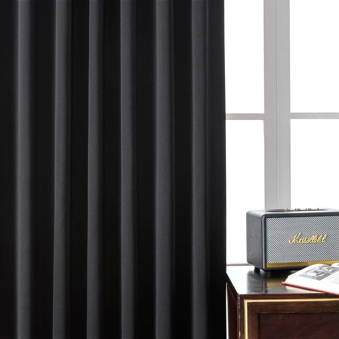 Joydeco Black Blackout Curtains 96 Inches, Thermal Insulated Long Curtains 2 Panels Set for Bedroom, Room Darkening Drapes for Living Room Window (W37 x L96 Inch, Black)