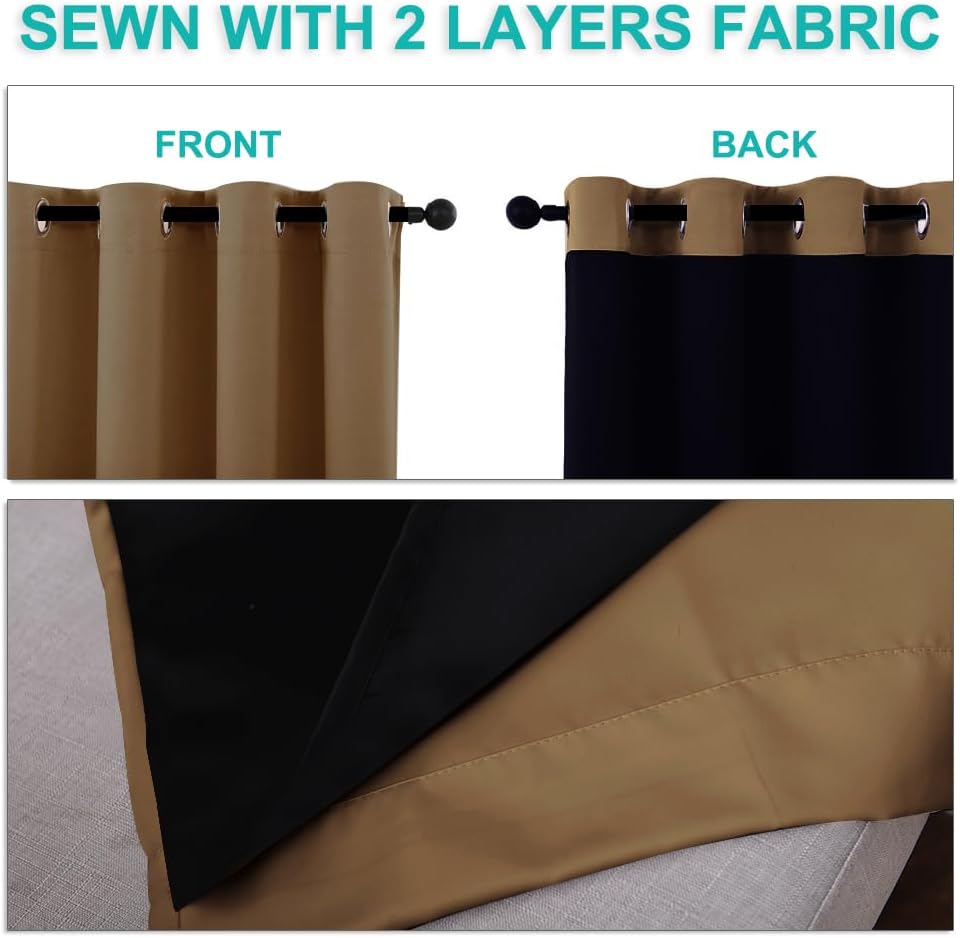 NICETOWN 100% Blackout Curtains for Windows, Pack of 2, Gold Brown, 52" W x 120" L, Super Heavy-Duty Black Lined Total Darkness Drapes for Bedroom, Privacy Assured Window Treatment for Patio