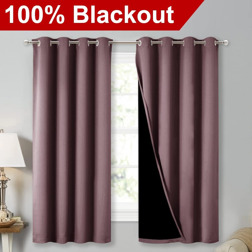 NICETOWN Extra Long Truly Blackout Drapes for Hall and Villa, 46-inch Width Each Panel, 45-inch Length, Dry Rose, 2 Pieces, 100% Blackout Window Curtain Panels with Black Lined for Night Shift Worker