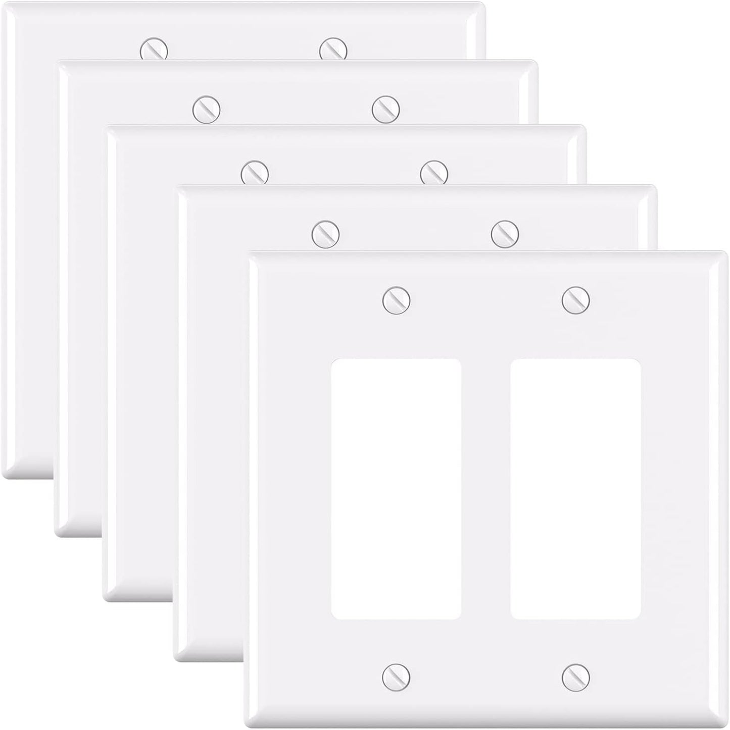 ELEGRP 2-Gang Decorative Wall Plates, Mid-Size 4.88" H x 4.94" L Unbreakable Thermoplastic Faceplate Cover for Decorator Receptacle Outlet Switch, UL Listed (5 Pack, Glossy White)
