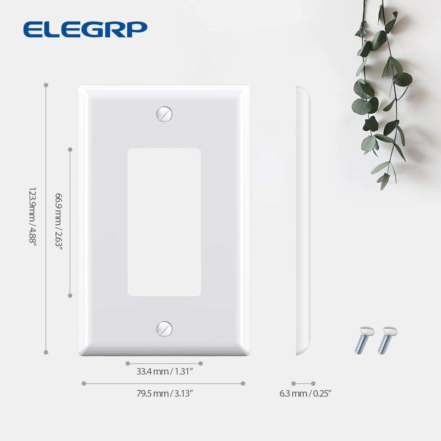 ELEGRP Decorative Receptacle Wall Plate, 1-Gang Mid Size Decorator Covers, Unbreakable Polycarbonate Faceplates for Decorator Device, UL Listed, Screws Included (2 Pack, Glossy White)