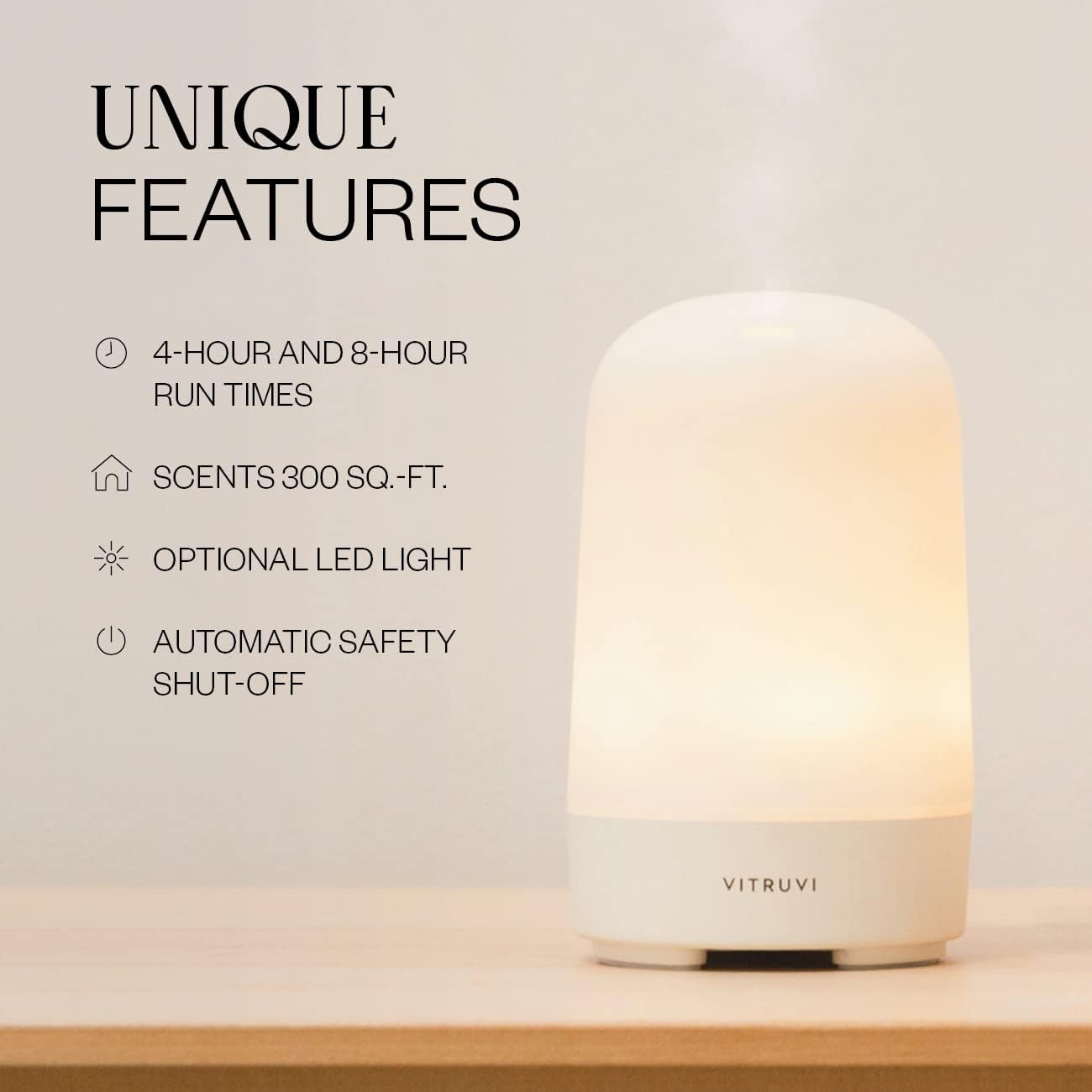 Vitruvi Glow Ultrasonic Essential Oil Diffuser | Aromatherapy Diffuser for Home, Kids Room, Room Decor (100 ml) White