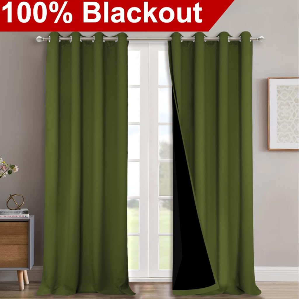 NICETOWN 100% Blackout Curtains for Windows, Pack of 2, 52" W x 108" L, Olive Green, Super Heavy-Duty Black Lined Total Darkness Drapes for Bedroom, Privacy Assured Window Treatment for Patio