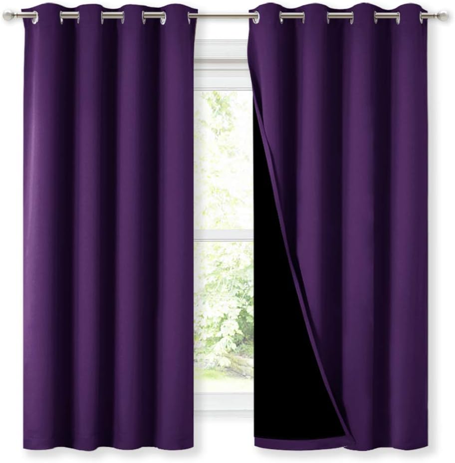 NICETOWN Extra Long Truly Blackout Drapes for Hall and Villa, 46-inch Width Each Panel, 45-inch Length, Royal Purple, 2 Pieces, 100% Blackout Window Curtains with Black Lined for Night Shift Worker