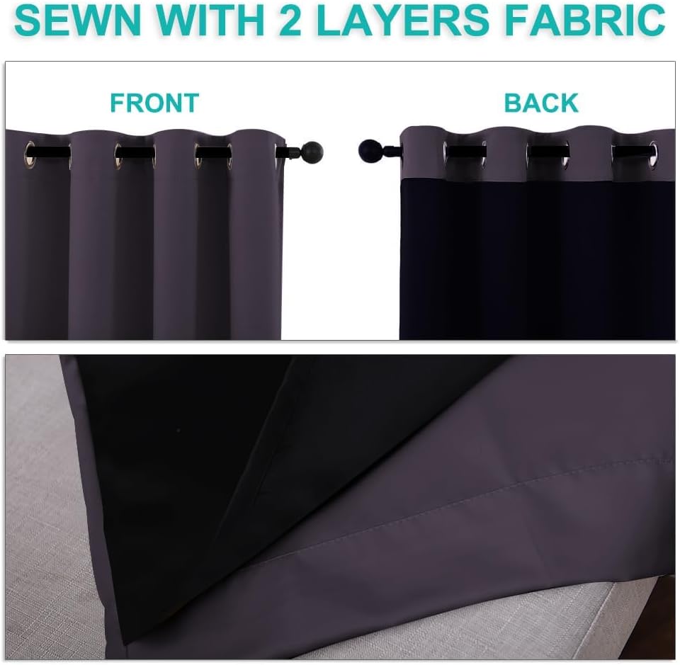 NICETOWN 100% Blackout Short Curtains with Black Liners, 2 Panels, 37" W by 40" L, Greyish Purple, Thermal Insulated Full Blackout 2-Layer Lined Drapes, Energy Efficiency Window Drapes for Bedroom