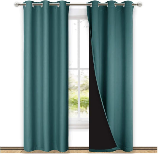 NICETOWN Sea Teal Full Shade Curtain Panels, 37" Wide x 80" Long, Sea Teal, Pair of Thermal Insulated & Energy Efficiency Blackout Drapes for Living Room, Lined Silky Performance Window Dressing