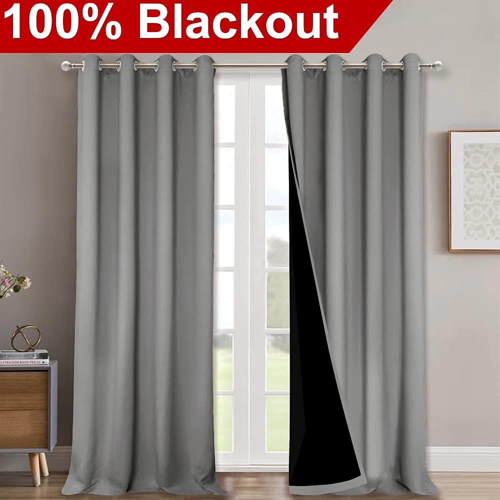 NICETOWN 100% Blackout Blinds, Laundry Room Decor Window Treatment Curtains for Large Patio Sliding Door, Thermal Insulated Silver Grey Curtains for Bedroom, Set of 2, 52 inches x 108 inches