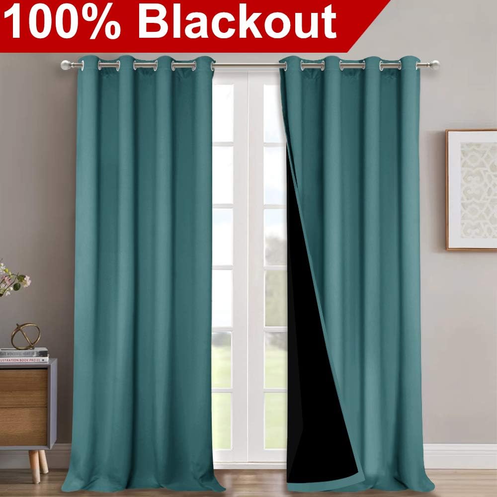 NICETOWN 100% Blackout Curtains for Windows, Pack of 2, Sea Teal, 52" W x 102" L, Super Heavy-Duty Black Lined Total Darkness Drapes for Bedroom, Privacy Assured Window Treatment for Patio