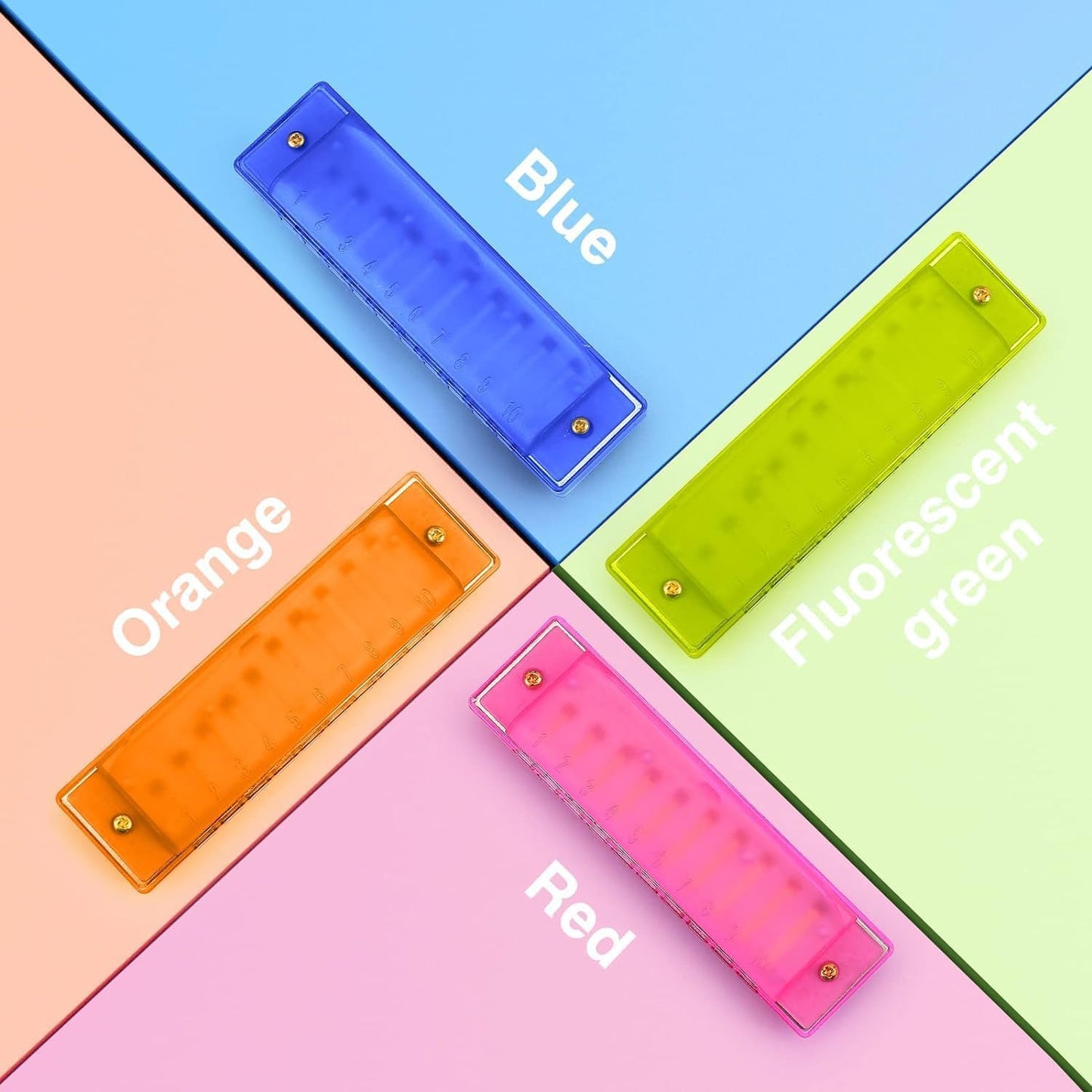 4 Pack Kids Harmonica 10 Hole, Plastic Harmonica for Kids with 4 Colors Educational Toys Beginners Toy Musical Instruments for Kids, Children and Adults (Blue, Pink, Green, Orange)