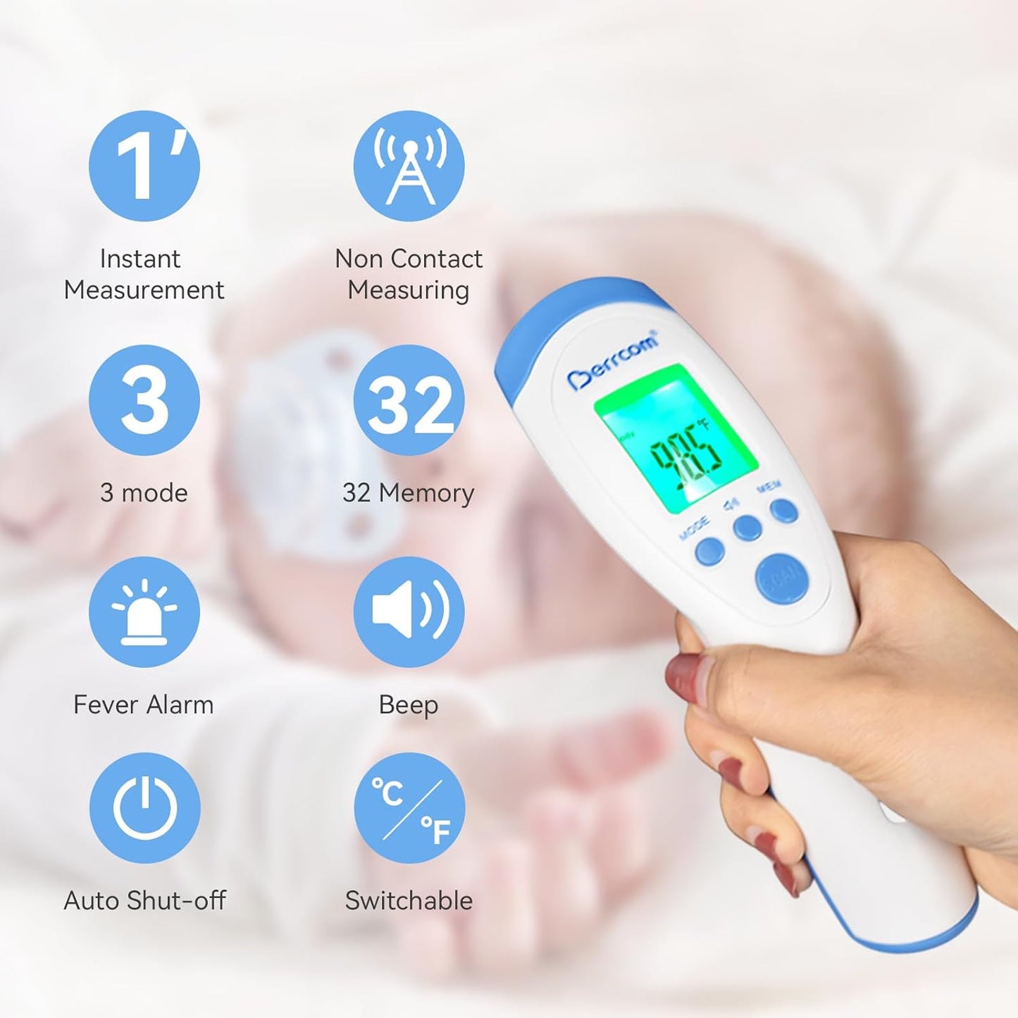 Berrcom Non-Contact Infrared Forehead Thermometer for Adults and Kids, 3-in-1 Digital Fever Thermometers with LCD Display and Fever Alert, Contactless Temperature Reader