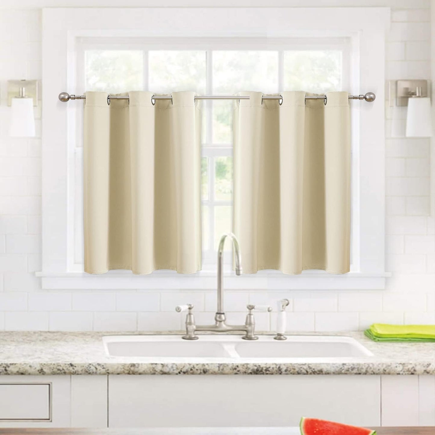 ChrisDowa Small Window Curtains for Kitchen and Bedroom - Grommet Short Thermal Insulated Room Darkening Curtains (2 Panels, Beige, 34 x 36 Inch)