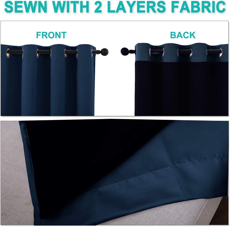 NICETOWN Extra Long Truly Blackout Drapes for Hall and Villa, 46-inch Width Each Panel, 45-inch Length, Navy, 2 Pieces, 100% Blackout Window Curtain Panels with Black Lined for Night Shift Worker