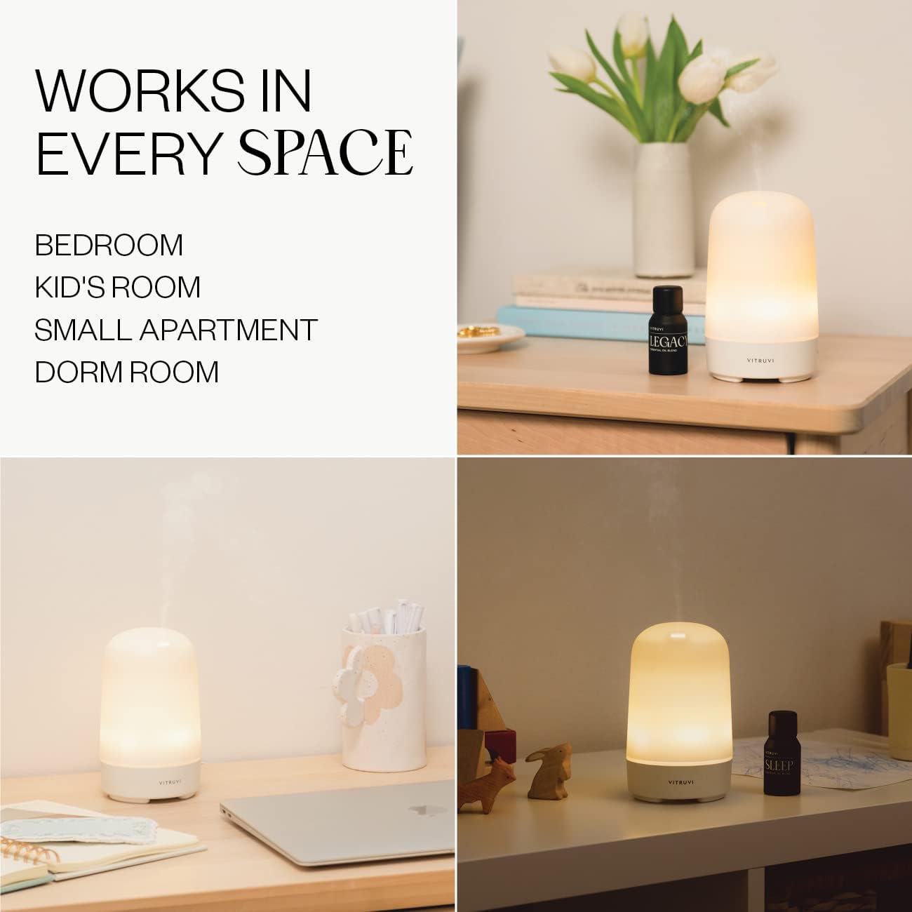 Vitruvi Glow Ultrasonic Essential Oil Diffuser | Aromatherapy Diffuser for Home, Kids Room, Room Decor (100 ml) White