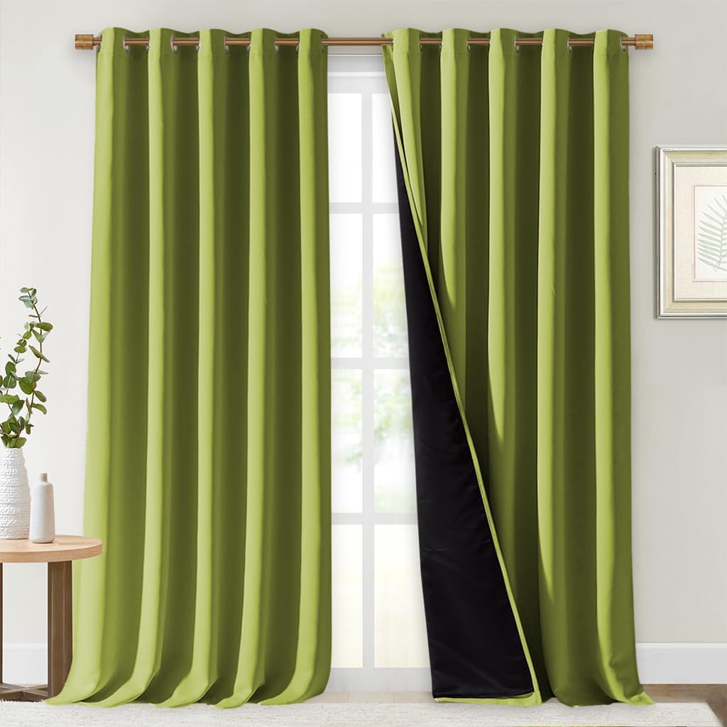 NICETOWN Full Shading Curtains for Windows, Fresh Green, Pack of 2, 62 inches W x 95 inches L, Super Heavy-Duty Black Lined Blackout Curtains for Bedroom, Privacy Assured Window Treatment