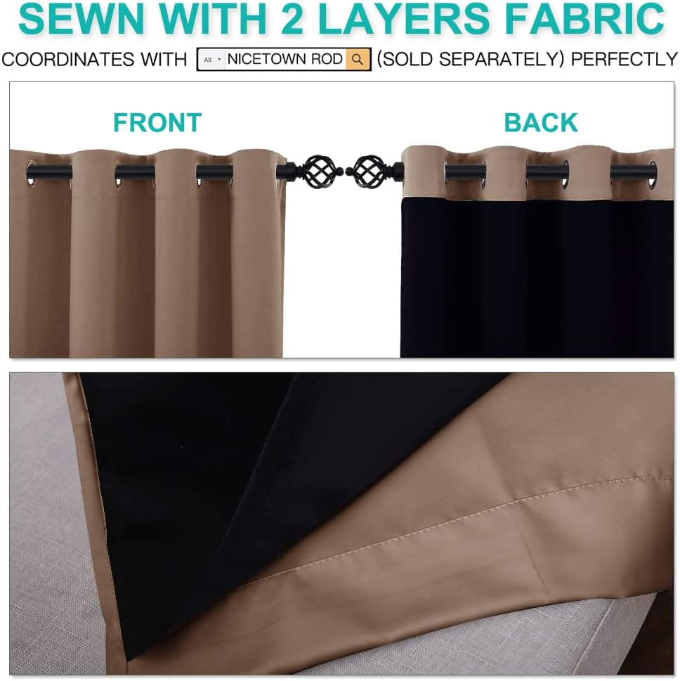 NICETOWN Extra Long Truly Blackout Drapes for Hall and Villa, Blackout Window Curtain Panels with Black Lined for Night Shift Worker, 52-inch Width, 108-inch Length, Cappuccino, 2 PCs