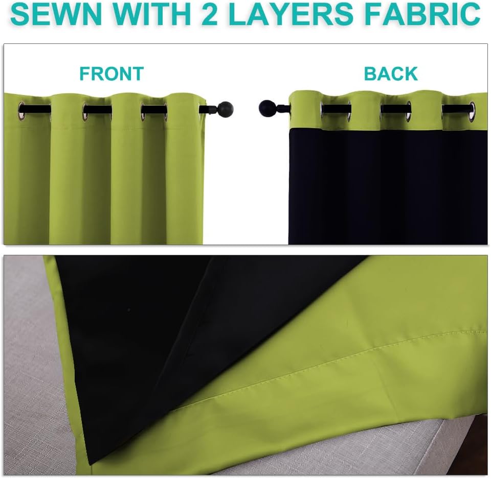 NICETOWN Full Shading Curtains for Windows, Fresh Green, Pack of 2, 62 inches W x 95 inches L, Super Heavy-Duty Black Lined Blackout Curtains for Bedroom, Privacy Assured Window Treatment