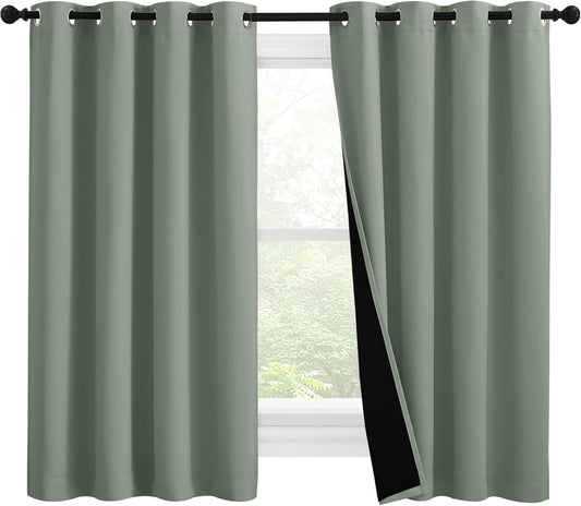 NICETOWN 100% Blackout Curtains 57 inches Long, Double-Deck Completely Blackout Window Treatment Thermal Insulated Lined Drapes for Small Window (Greyish Green, 1 Pair, 55 inches Width Each Panel)