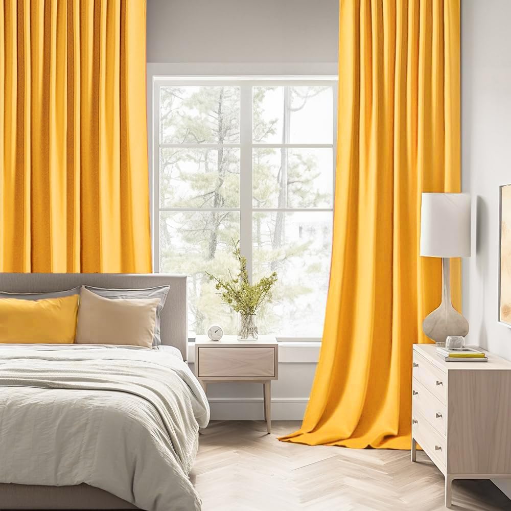 MIULEE Yellow Back Tab Blackout Curtains 108 Inch Long 2 Panels Set for Bedroom, Rod Pocket/Pinch Pleat Extra Long Thermal Insulated Living Room Darkening Pleated Light Blocking Drapes