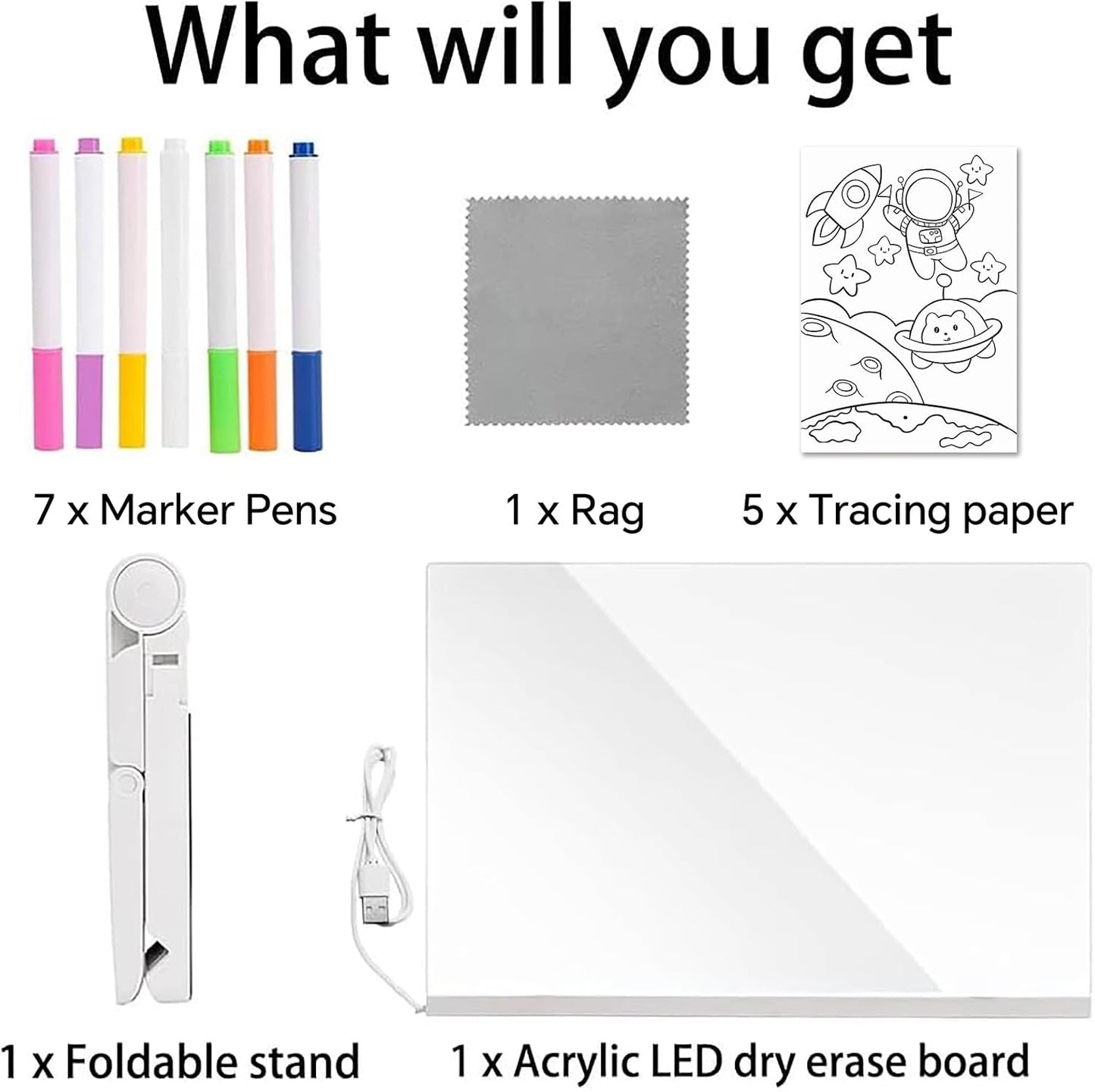Led Drawing Board, Acrylic Dry Erase Board with Bracket, 15.7" X 11.8" Glow Writing Board, Led Note Board Comes with 7 Drawing Pens and 5 Cartoon Doodle Paper for Office School Home