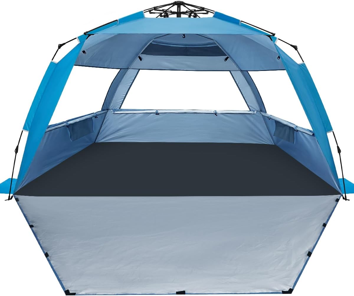 WhiteFang Deluxe Pop Up Beach Tent Sun Shade Shelter for 3-4/5-6 Person, UV Protection, Extendable Floor with 3 Ventilating Windows Plus Carrying Bag, Stakes, and Guy Lines