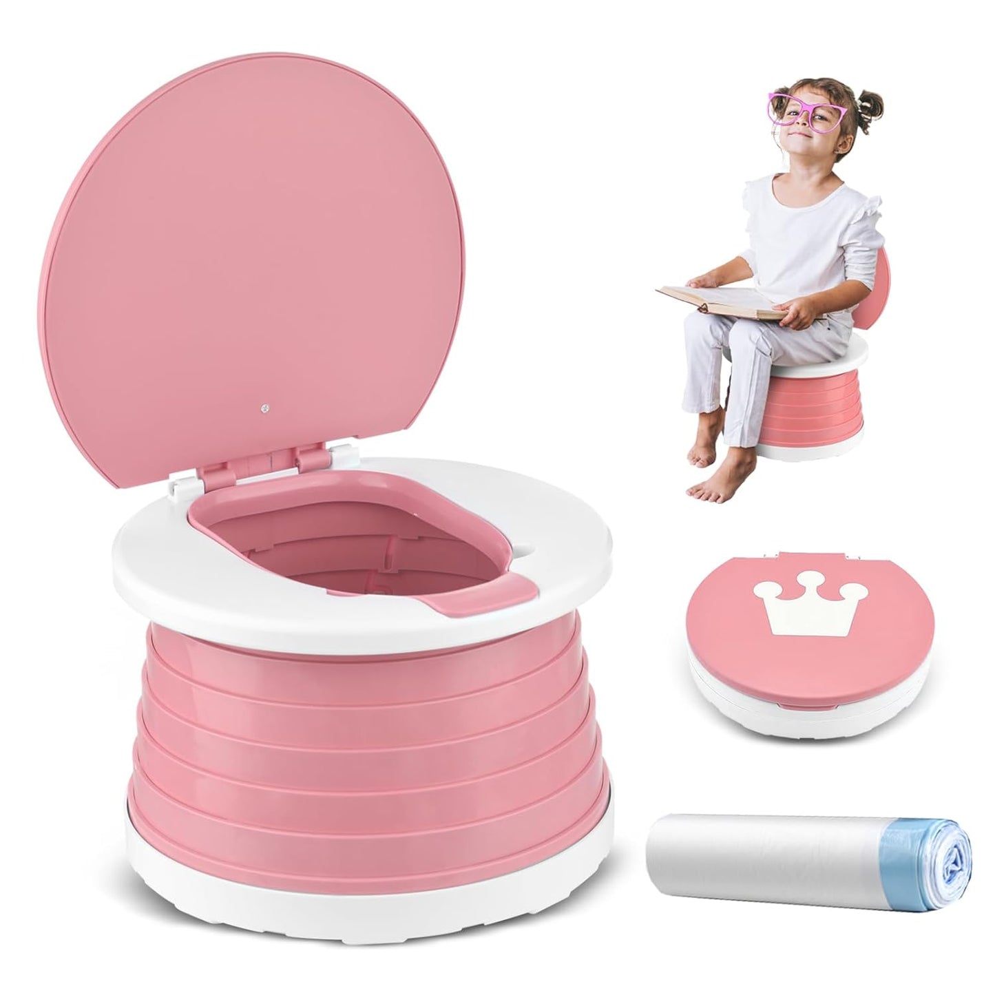 Travel Potty for Toddler Training - Foldable Seat for Boys & Girls - Portable Car Potty for Camping & Park (Pink)