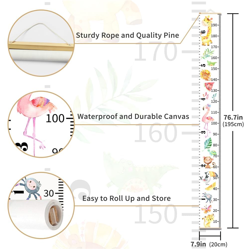 Pink Gray Color Block Growth Chart for Kids Baby Height Chart Ruler Removable Canvas Wooden Frame Hanging Wall Rulers Measurement Charts for Toddler Room Decor - 79"X7.9" with Beige Wood