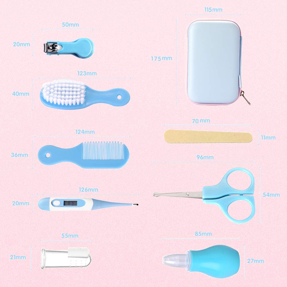 ZELINYE Baby Grooming Kit, 8 in 1 with Brush, Comb, Nail Clipper and File, Nasal Cleaner, Finger Toothbrush, Scissors, Portable Newborn Essentials Set Pink