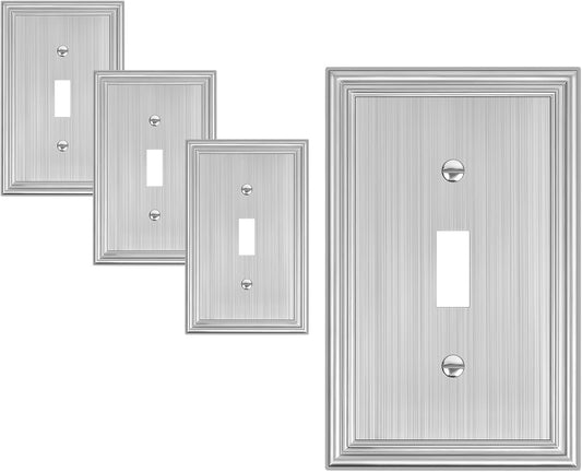 4-Pack Single Toggle Light Switch Cover Plate, Durable Solid Zinc Alloy Decorative Switch Plate Covers, Brushed Nickel 1 Gang Wall Plate, Corrosion Resistant