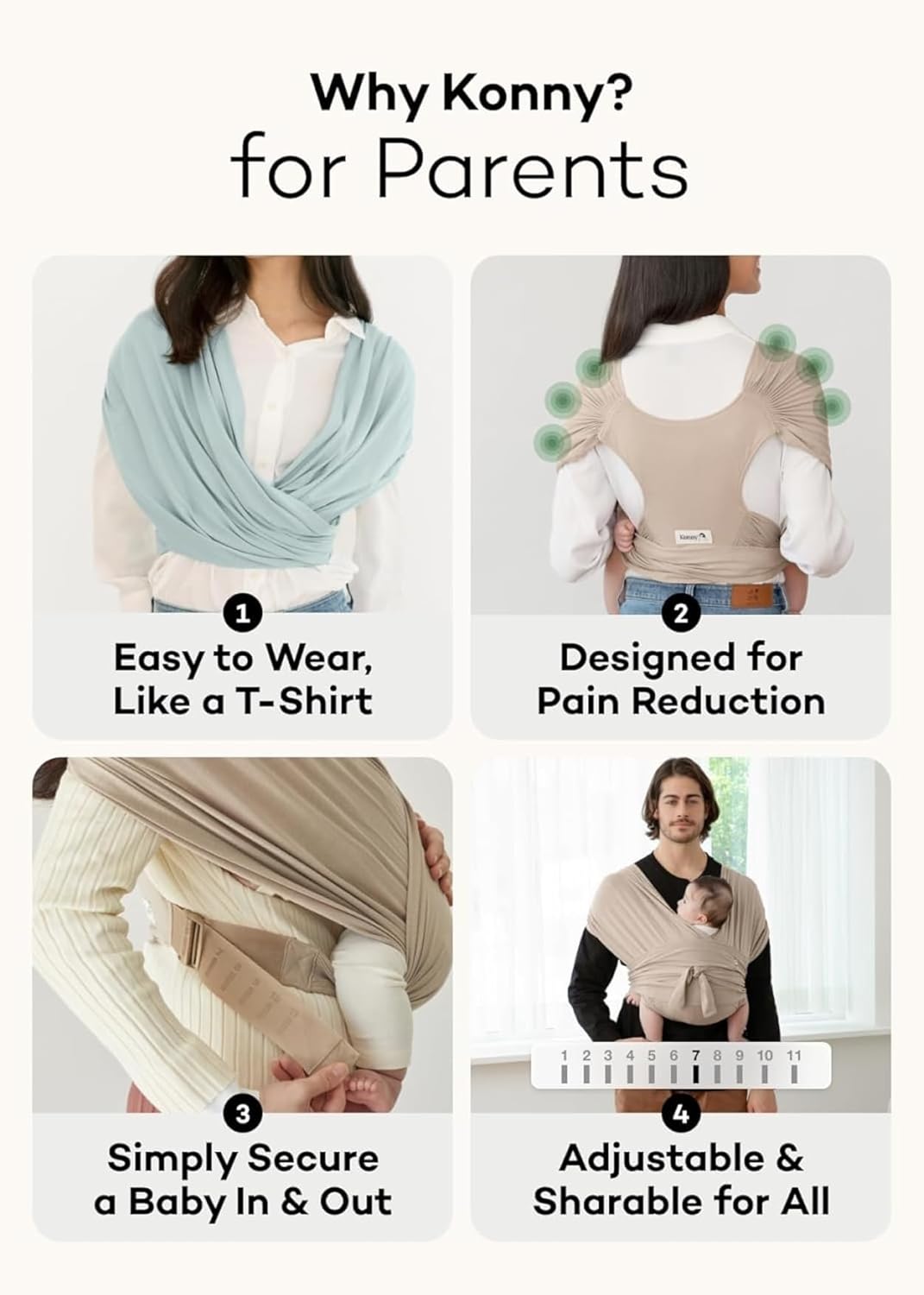 Konny Baby Carrier Flex AirMesh with Head Support- Adjustable, Easy to Wear Baby Wrap Sling, Perfect for Newborn Babies Essentials up to 44 lbs (XS-XL) - Cream
