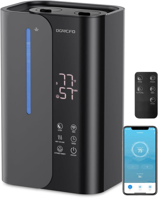 5L Smart Air Humidifiers for Bedroom with Essential Oils, Top Fill 50H Runtime Cool Mist Large Humidifiers for Home Bedroom Nursery, 28 dB Quiet Humidifier for Baby & Plants