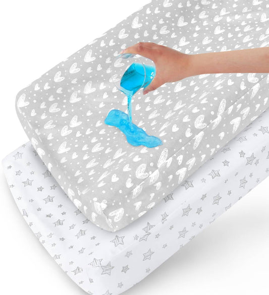 Waterproof Changing Pad Cover 2 Pack, 100% Cotton Change Table Cover Sheets, Ultra Soft, Unisex White Grey Star Print