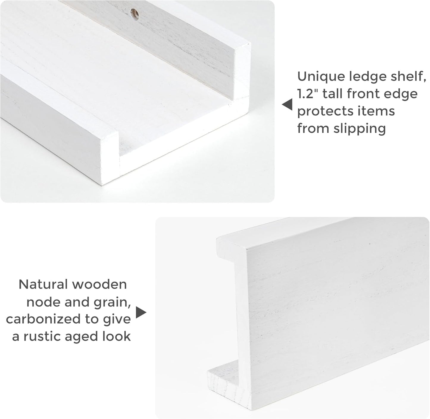 Fun Memories 72 Inch White Picture Shelves for Wall with Ledge, Natural Wood Floating Shelves with Lip, Set of 2, Farmhouse Rustic Wall Shelf Photo Shelf Nursery Bookshelf for Living Room, Kids Room
