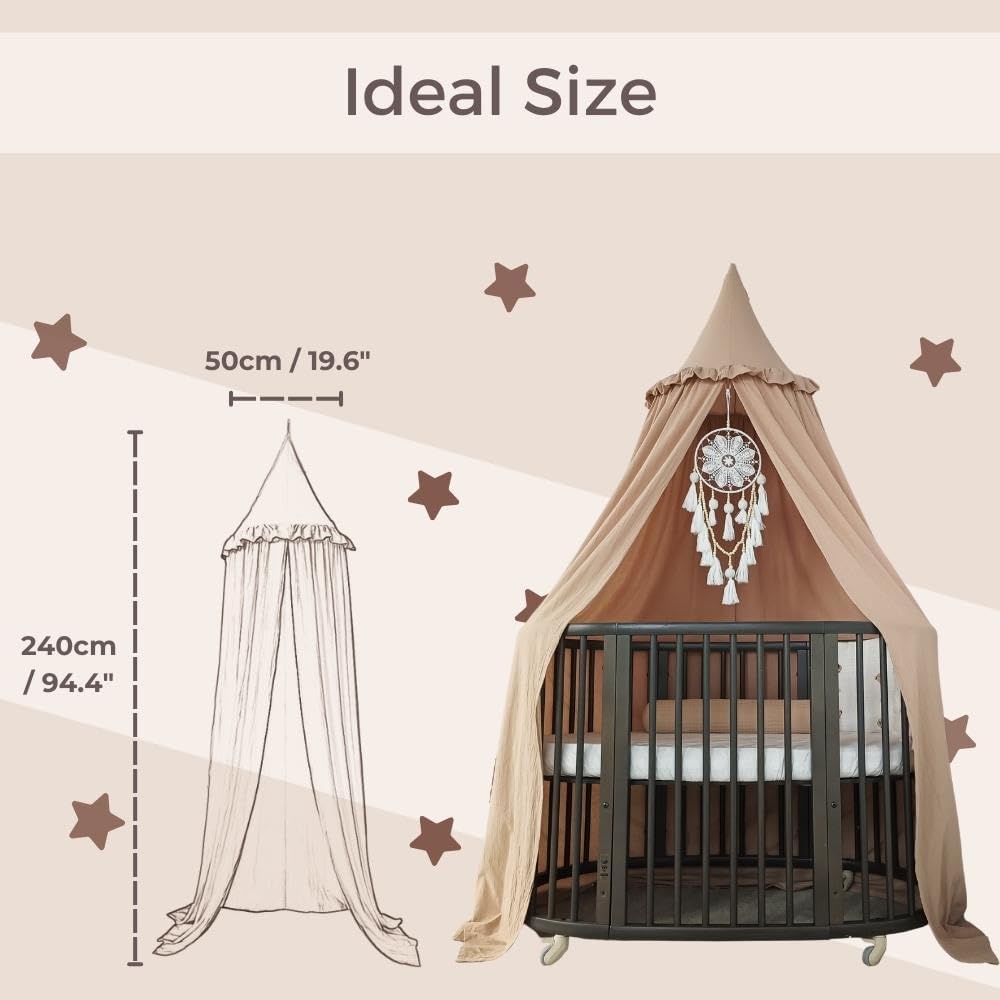 Wonder Space Kids Bed Canopy with Ruffles, Pastel Neutral Color for Boys & Girls, Frilled Cotton Tent Nursery Room Baby Crib Hanging Curtain Mosquito Netting Children Reading Nook Decoration (Nougat)