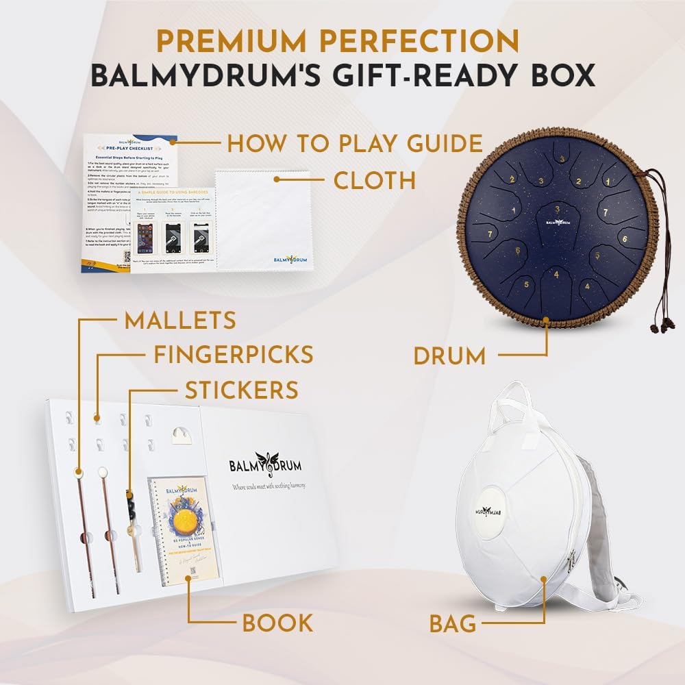 The Balmy Drum - 15 Note 14 Inch Steel Tongue Drum, Steel Drum Instrument, Drums For Children and Adults, Balmy Drum Set for Kids with Music Book, Handpan, Mallet and Carry Bag (White)