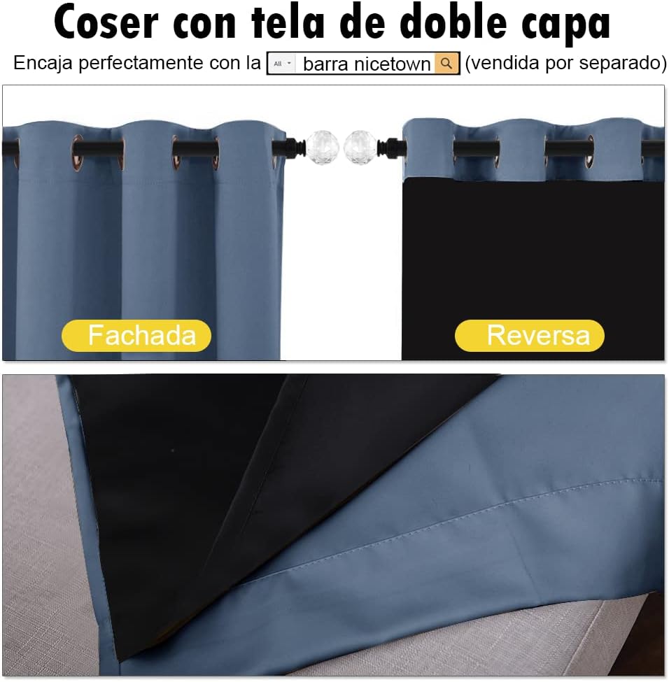 NICETOWN Stone Blue 100% Blackout Curtains with Black Liners, Thermal Insulated Full Blackout 2-Layer Drapes, Energy Efficiency Window Draperies for Boy's Room (2 Panels, 42-inch W by 45-inch L)