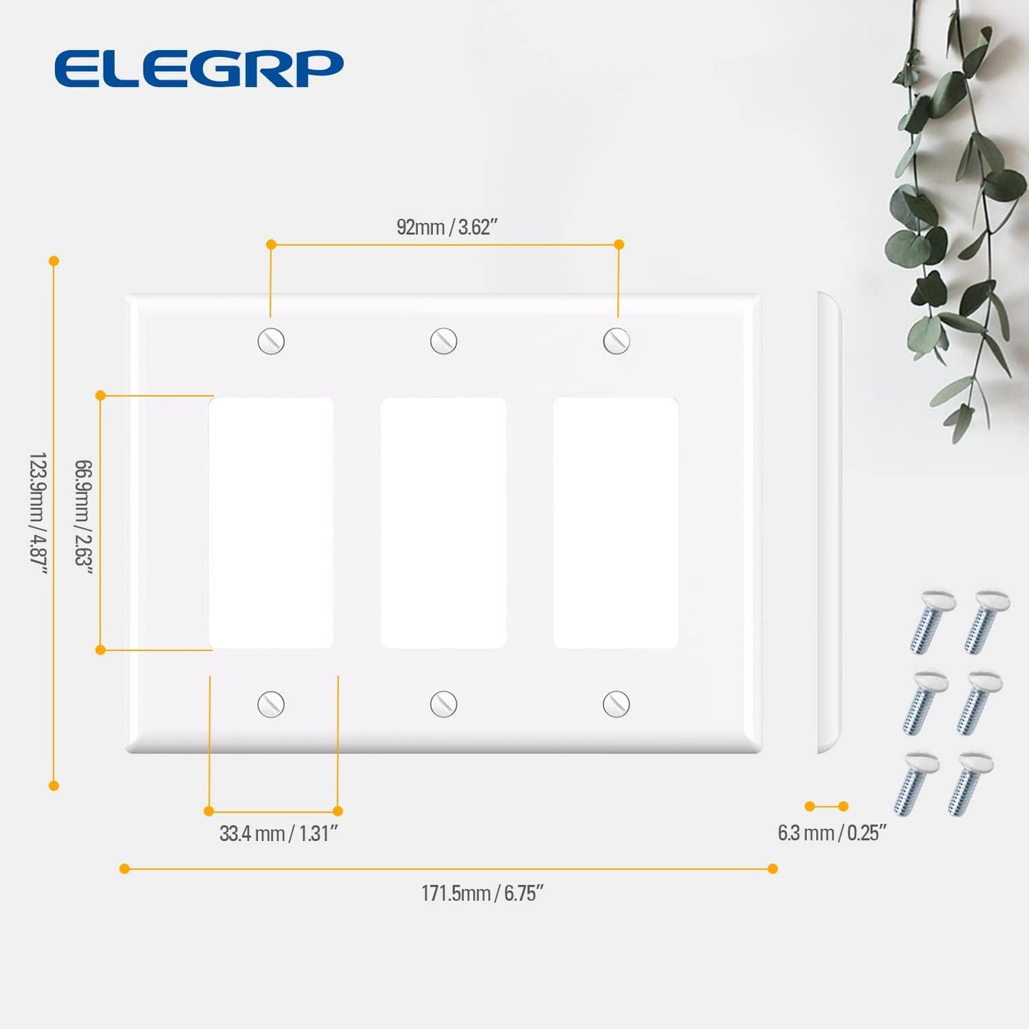 ELEGRP 3-Gang Decorative Wall Plates, Mid-Size 4.88" H x 6.75" L Unbreakable Thermoplastic Faceplate Cover for Decorator Receptacle Outlet Switch, UL Listed (5 Pack, Glossy White)