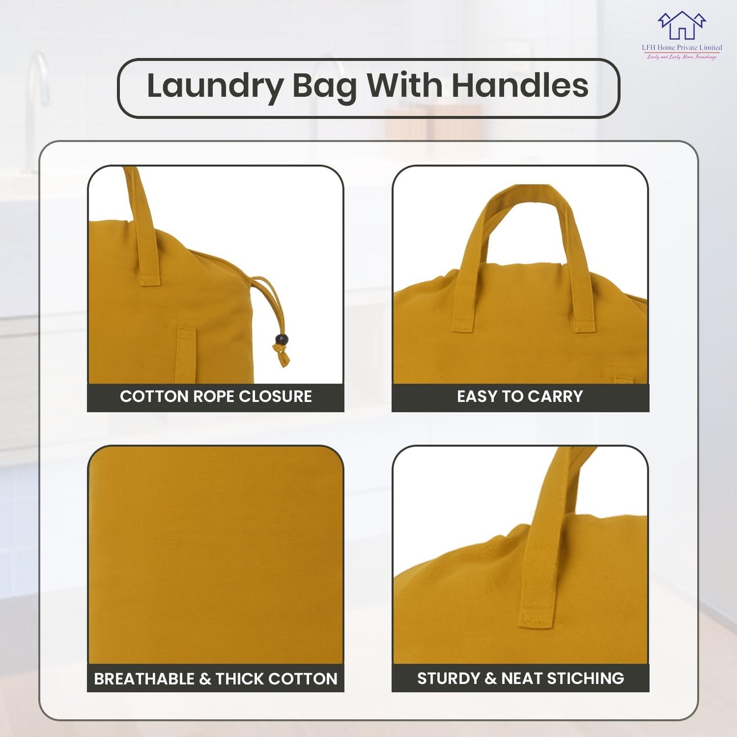 LFH Home Cotton Canvas Large Laundry Bag with Handle, Heavy Duty Drawstring Closure Washable Laundry Bags, School Travel, Home, Hotel, College Dorm, Organizer Sack, Toys Clothes 28x36-Yellow