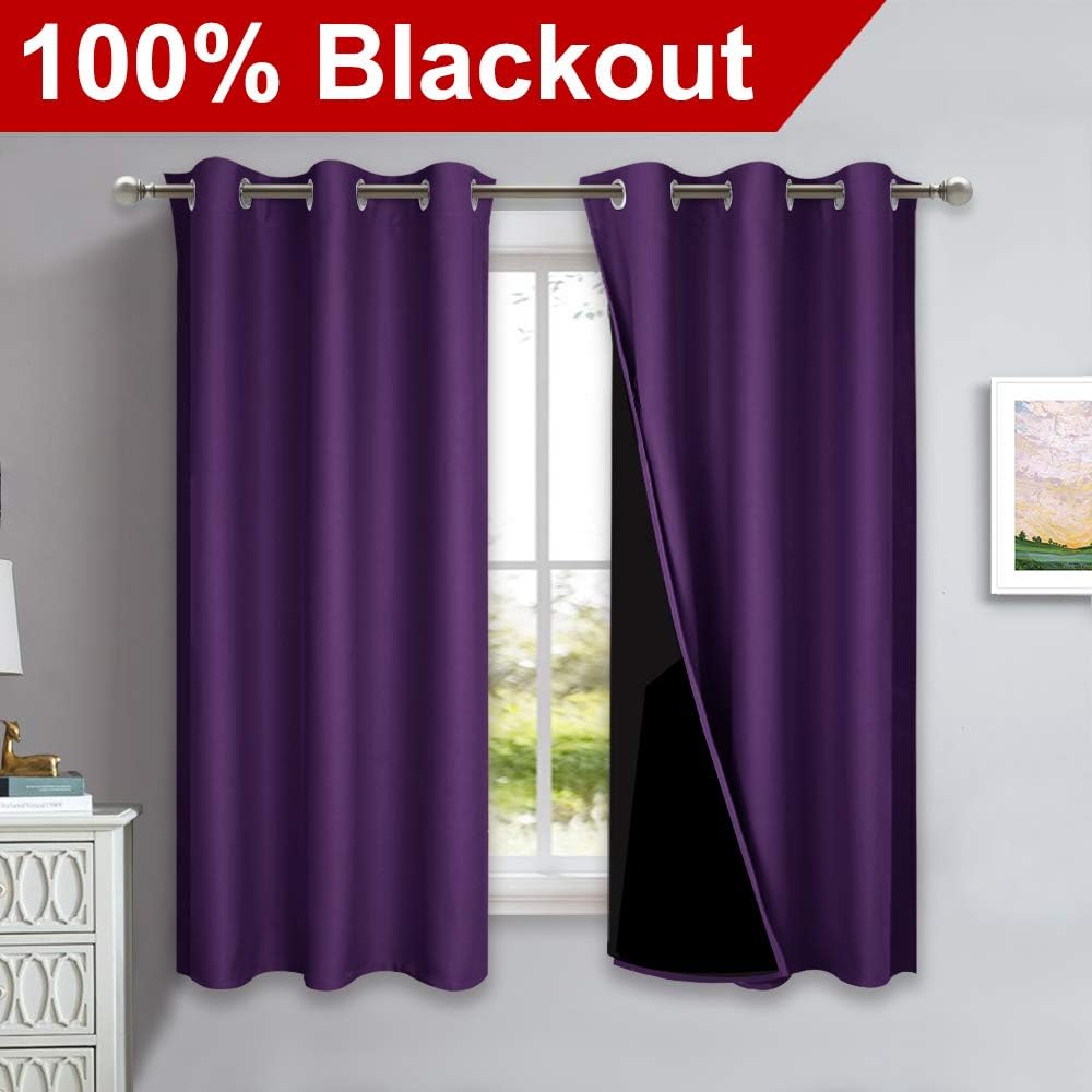 NICETOWN 100% Blackout Curtains 2 Panels with Black Liners, Royal Purple, 42-inch W by 54-inch L, Thermal Insulated Full Blackout 2-Layer Lined Drapes, Noise Cancellation Window Drapes for Dining Room