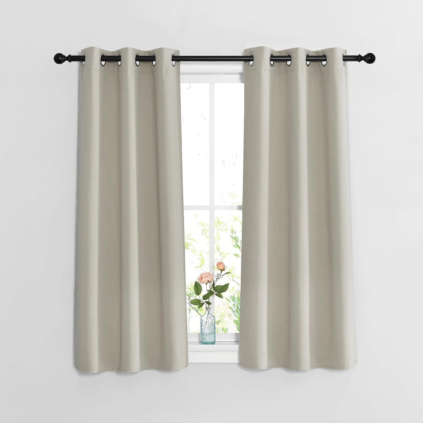 NICETOWN Blackout Bedroom Curtains 48 inches Long - Window Treatment Thermal Insulated Solid Grommet Room Darkening Privacy Sound Reducing for Kitchen (Natural, Set of 2, W37 x L48)