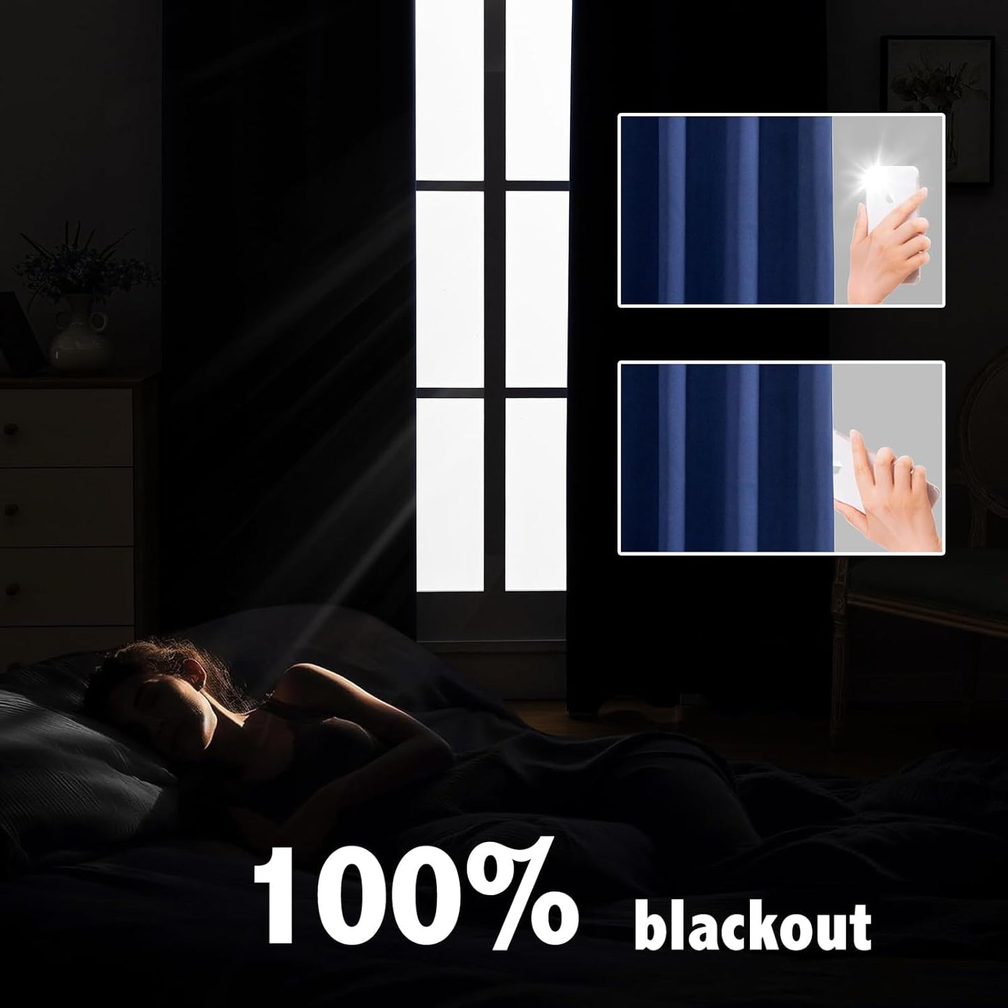 Anytime 100% Blackout Curtain Set, Thermal Insulated & Energy Efficiency Window Draperies for Guest Room, Full Shading Panels for Shift Worker and Light Sleepers（Navy Blue, 2 Panels, 42W x 80L）