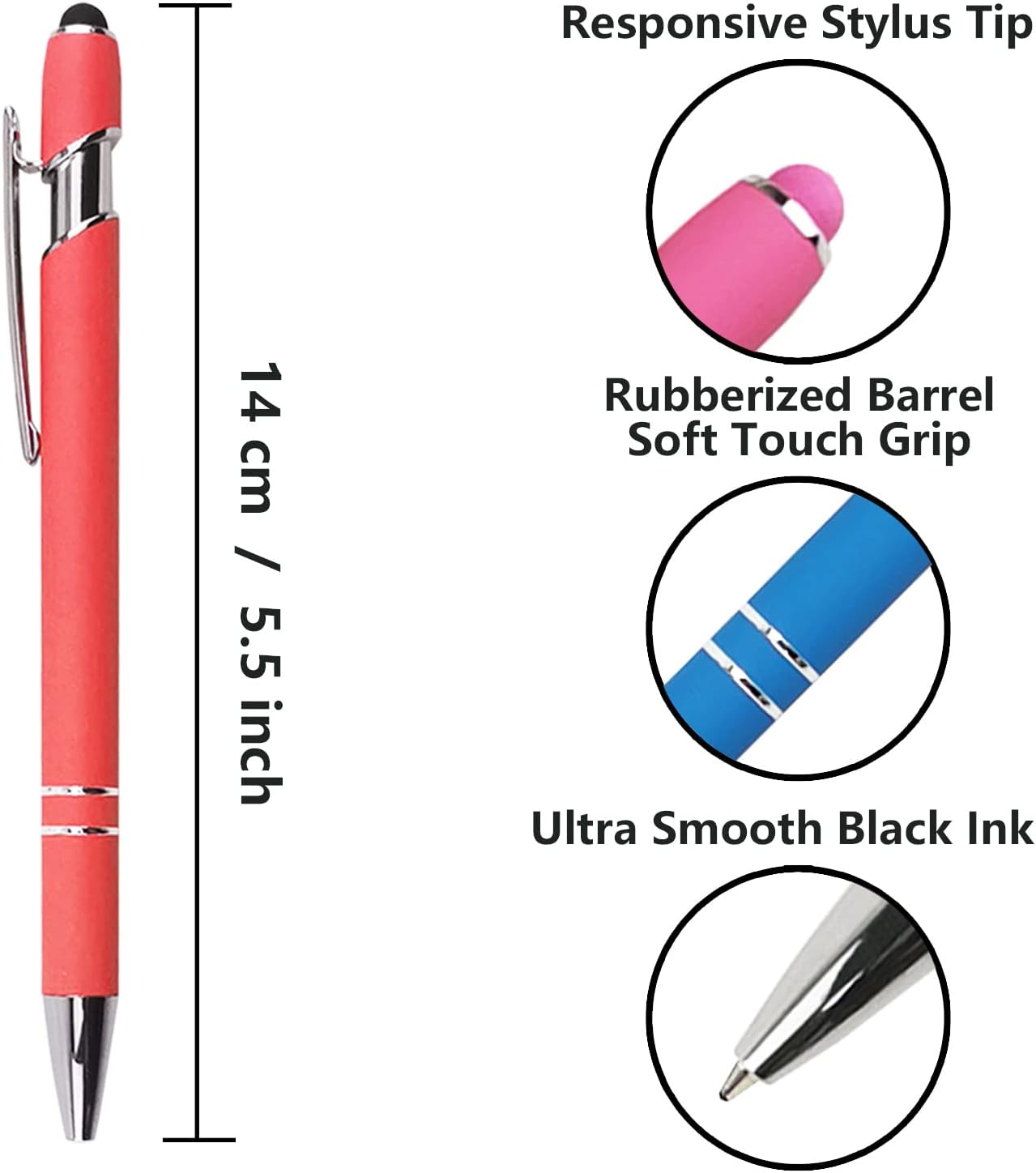 Ballpoint Pen with Stylus Tip, Soft Touch Click Metal Pen, 1.0mm Medium Point, Black Ink, 12 Count(Peach)