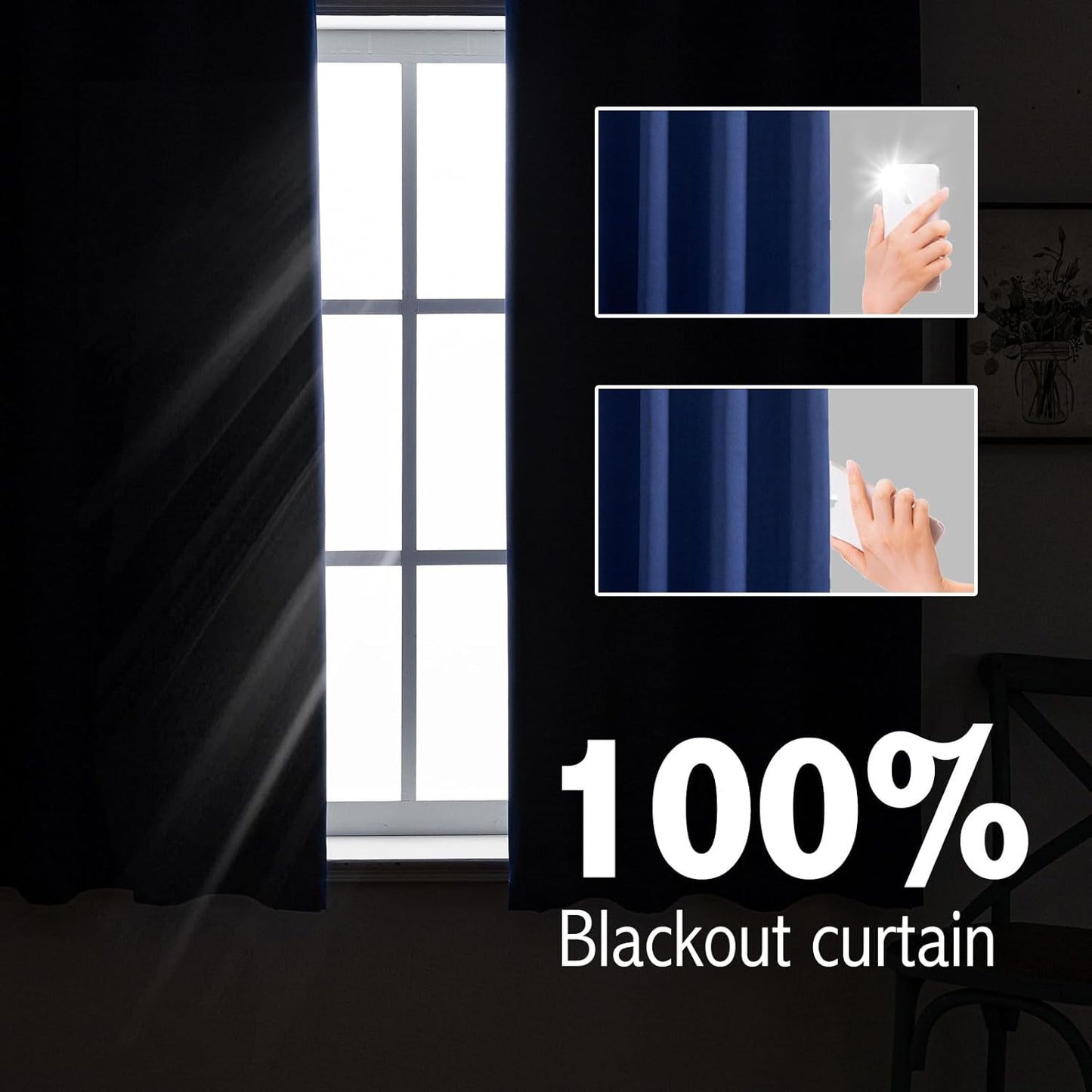 Anytime 100% Blackout Curtain Set, Thermal Insulated & Energy Efficiency Window Draperies for Guest Room, Full Shading Panels for Shift Worker and Light Sleepers（Navy Blue, 2 Panels, 70W x 63L）