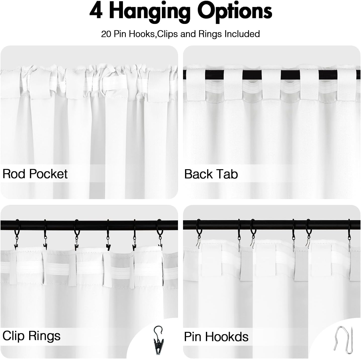 ANRODUO Back Tab Blackout Curtains for Bedroom Living Room, Rod Pocket Pinch Pleated Thermal Insulated Room Darkening Curtains 72 Inches Long 2 Panels, White, 42 x 72 Inch