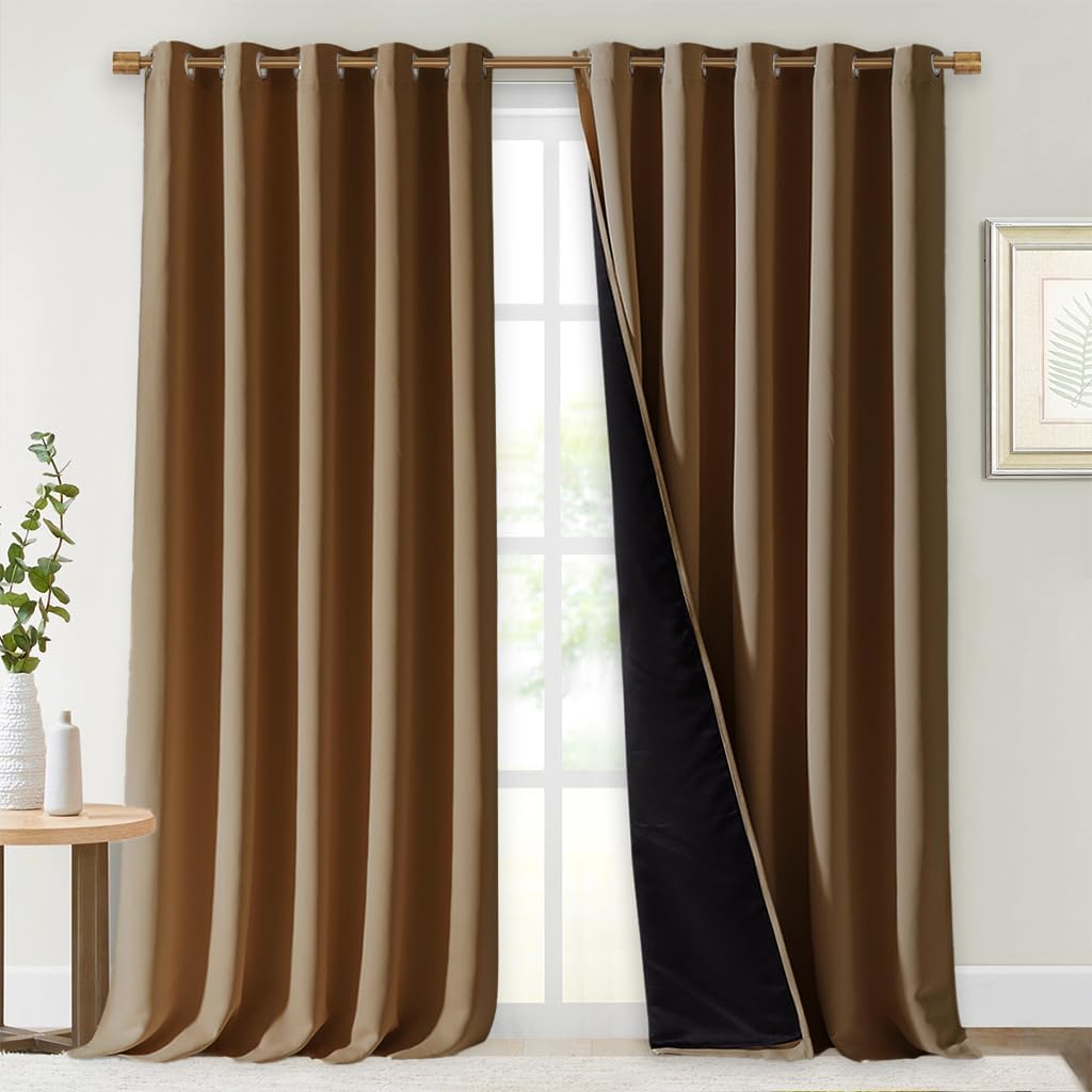 NICETOWN Full Shading Curtains for Windows, Gold Brown, Pack of 2, 70 inches W x 95 inches L, Super Heavy-Duty Black Lined Blackout Curtains for Bedroom, Privacy Assured Window Treatment
