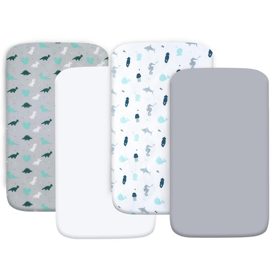 Crib Sheets for Boys or Girls 4 Pack, Baby Crib Sheets 52'' x 28'' for Standard Crib & Toddler Mattress, Soft and Breathable Material, Baby Crib Sheet Neutral, Grey Dinosaurs & Ocean