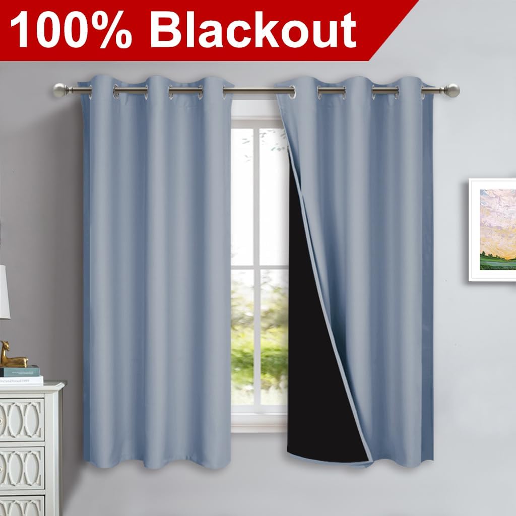 NICETOWN 100% Blackout Short Curtains with Black Liners, 2 Panels, 37" W by 40" L, Vintage Blue, Solid Thermal Insulated Full Blackout 2-Layer Lined Drapes, Energy Efficiency Window Drapes for Bedroom